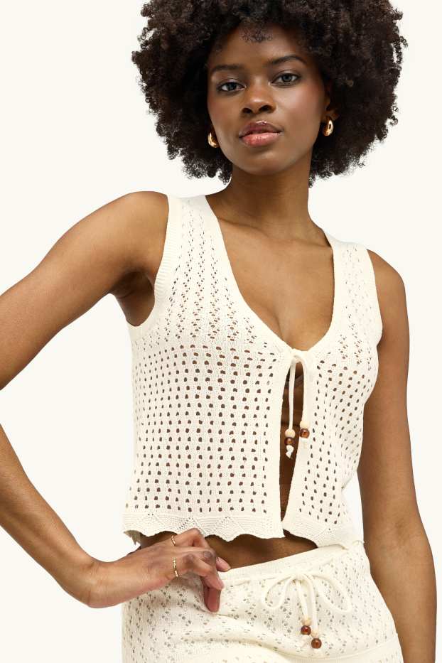 Damen - Crochet-Top - V-Ausschnitt - cremeweiß