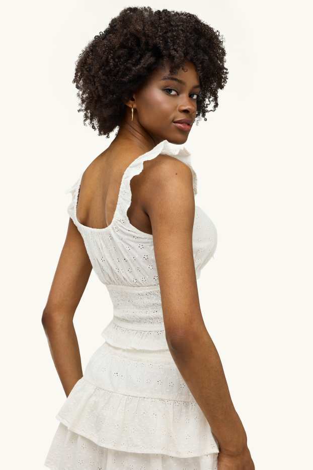 Damen - Crop Bluse - Broderie Anglaise - weiß