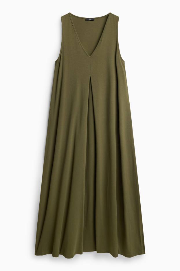 Women - V-neck A-line dress - khaki