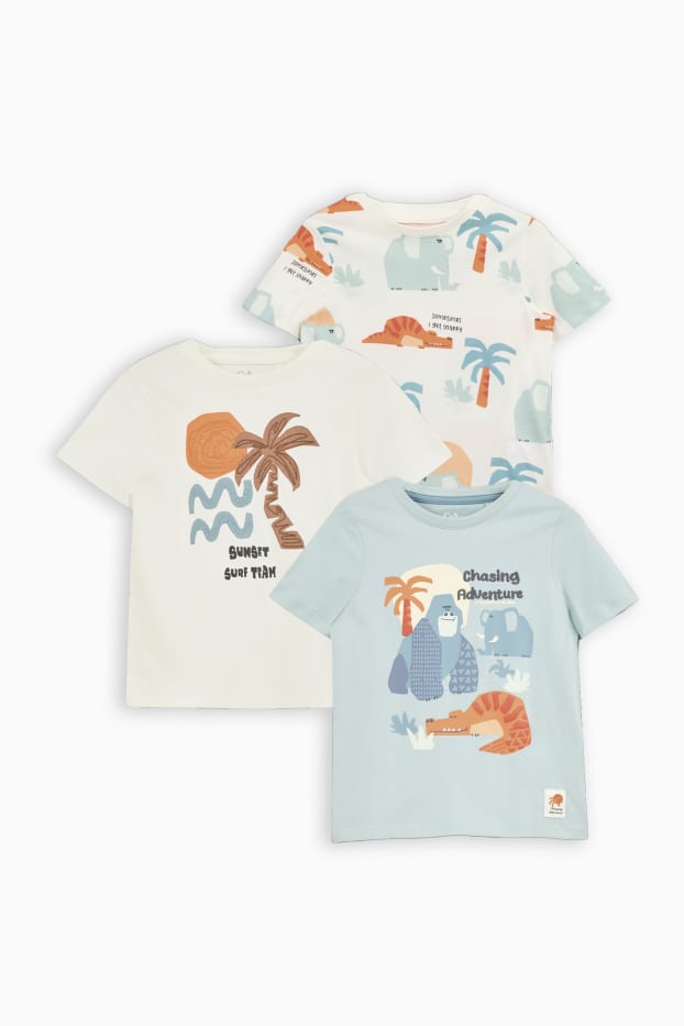 Kinder Jungen - Multipack 3er - Palme und Wildiere - Kurzarmshirt - weiss / hellblau