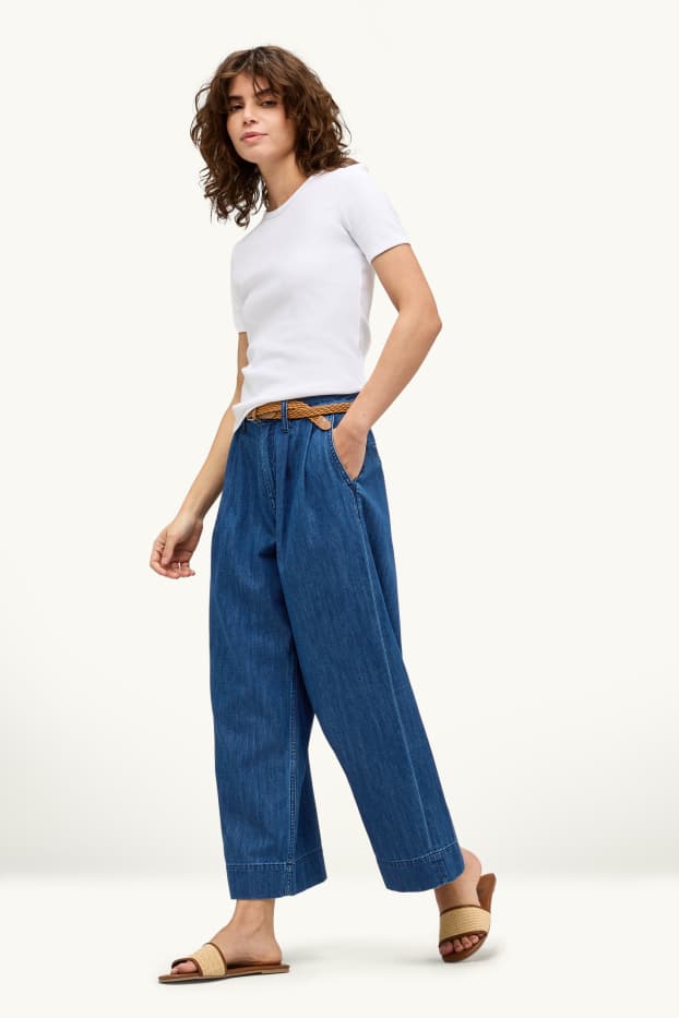 Damen - Crop Wide Leg Jeans mit Gürtel - dunkeljeansblau