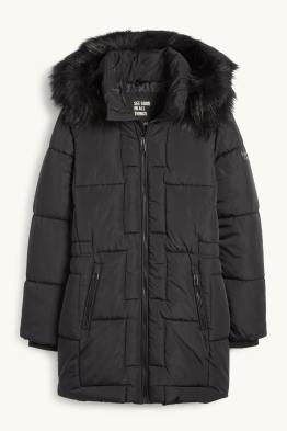 Jachetă matlasată cu glugă și aplicații din blană artificială