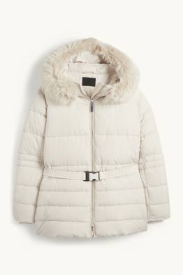 Steppjacke mit Gürtel, Kapuze und Kunstfellbesatz
