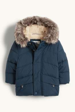 Raccoon - baby quilted jacket with hood and faux fur trim