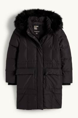 Donzen jas met capuchon en imitatiebontrandje