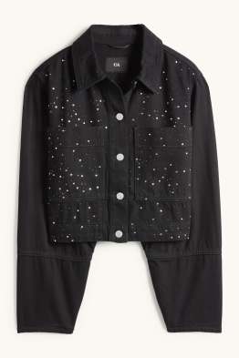 Crop Jeansjacke mit Strasssteinen