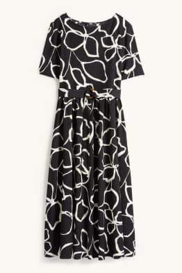 Fit & Flare Kleid mit Gürtel - geblümt - strukturiert