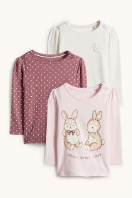 Wielopak, 3 szt. - zajączki i kwiatki - koszulka niemowlęca z długim rękawem i szydełkowaną aplikacją