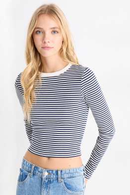 Crop Langarmshirt - Slim Fit - gerippt - gestreift