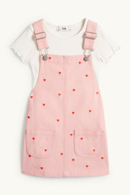 Heart - set - short sleeve T-shirt and denim pinafore dress - 2 piece