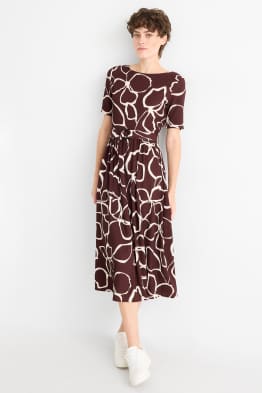 Fit & flare dress with belt - floral - textured