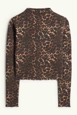 Cropped long sleeve top - slim fit - ribbed - leopard print