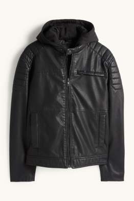 Biker jacket with hood - faux leather