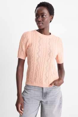 Strickpullover - kurzarm - Zopfmuster