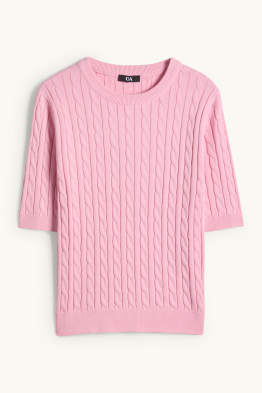 Sweter z dzianiny - z krótkim rękawem - wzór w warkocze