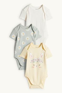 Lot de 3 - petits lapins et petites fleurs - bodys bébé