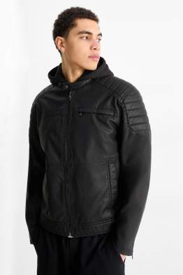 Biker jacket with hood - faux leather