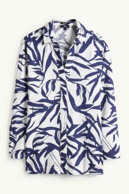 Bluse mit V-Ausschnitt - Leinen-Mix - gemustert