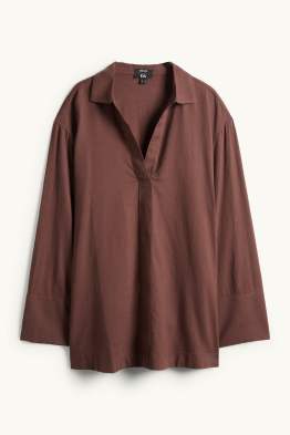 Bluse mit V-Ausschnitt - Leinen-Mix