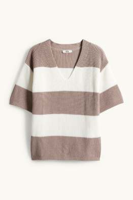 Strickpullover - kurzarm - gerippt - gestreift