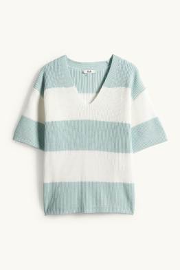 Strickpullover - kurzarm - gerippt - gestreift