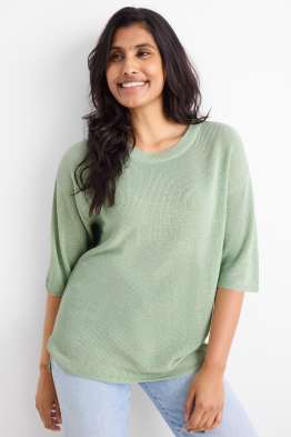 Strickpullover - kurzarm - gerippt - Glanz-Effekt