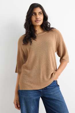 Strickpullover - kurzarm - gerippt - Glanz-Effekt