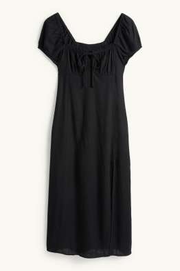 Šaty s rozparkem a lněným podílem - s žabičkováním