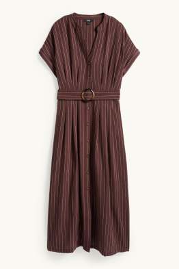 Blusenkleid mit V-Ausschnitt und Gürtel - Nadelstreifen