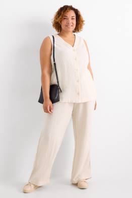 Stoffhose - Mid Waist - Wide Leg - Leinen-Mix