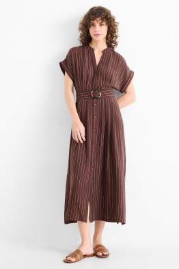 Blusenkleid mit V-Ausschnitt und Gürtel - Nadelstreifen