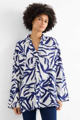 Bluse mit V-Ausschnitt - Leinen-Mix - gemustert