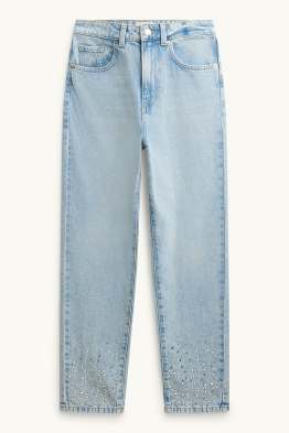 Mom Jeans mit Strasssteinen - High Waist
