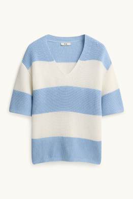 Strickpullover - kurzarm - gerippt - gestreift