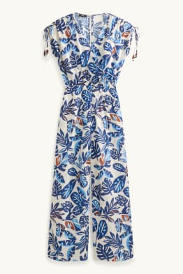 Jumpsuit mit V-Ausschnitt und Perlen - gemustert