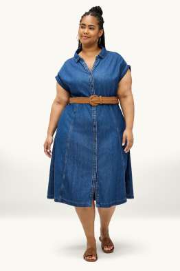Denim shirt dress with V-neck and belt