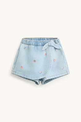 Frutta e fiorellini - gonna-pantaloni neonate con dettaglio nodo - effetto jeans