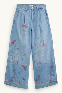 Wide Leg Jeans - Mid Waist - geblümt