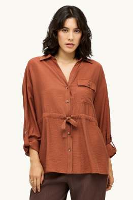 Leinen-Bluse mit Knotendetail und V-Ausschnitt