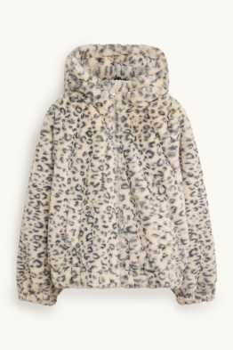 Kunstfell-Jacke mit Kapuze - gemustert