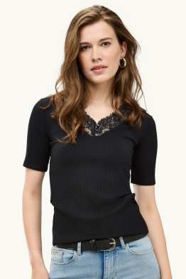 T-shirt avec encolure en V - regular fit - finition côtelée