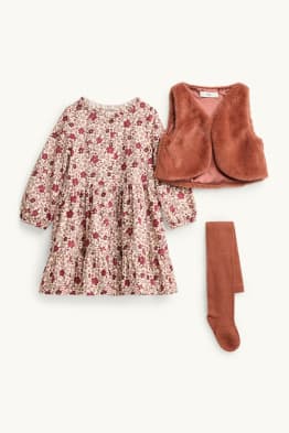 Set - Kleid, Kunstfell-Weste und Strumpfhose - 3 teilig