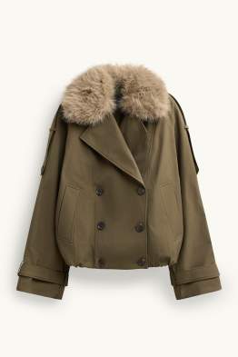 Crop Trenchcoat mit Kunstfellbesatz - wasserabweisend