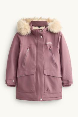 Manteau de pluie avec capuche avec col en imitation fourrure - imperméable