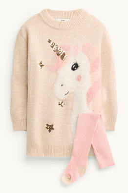 Unicorn - set - knitted dress and tights - 2 piece