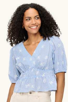 Bluse mit V-Ausschnitt - bestickt - gestreift