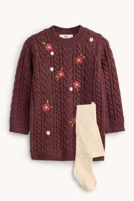 Floral - set - knitted dress and tights - 2 piece
