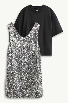 Set - Kurzarmshirt und Pailletten-Kleid - 2 teilig