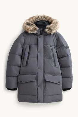 Quilted down jacket with faux fur trim and hood - lined