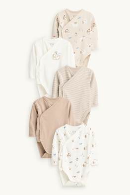 Multipack of 5 - penguin and polar bear - wrapover baby bodysuit